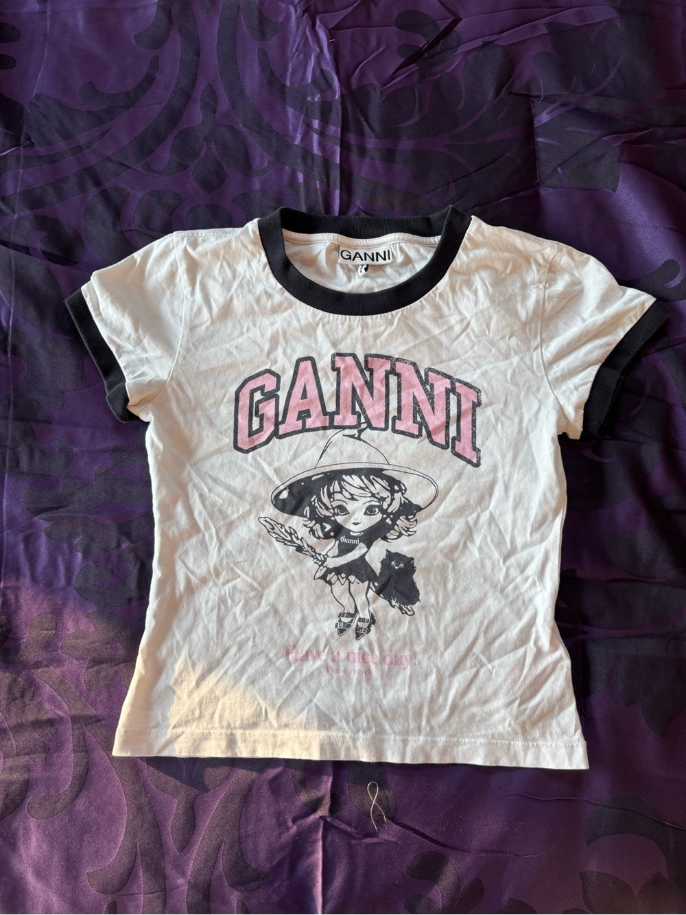 Ganni White Ringer Tee with Pink Logo and Black Trim